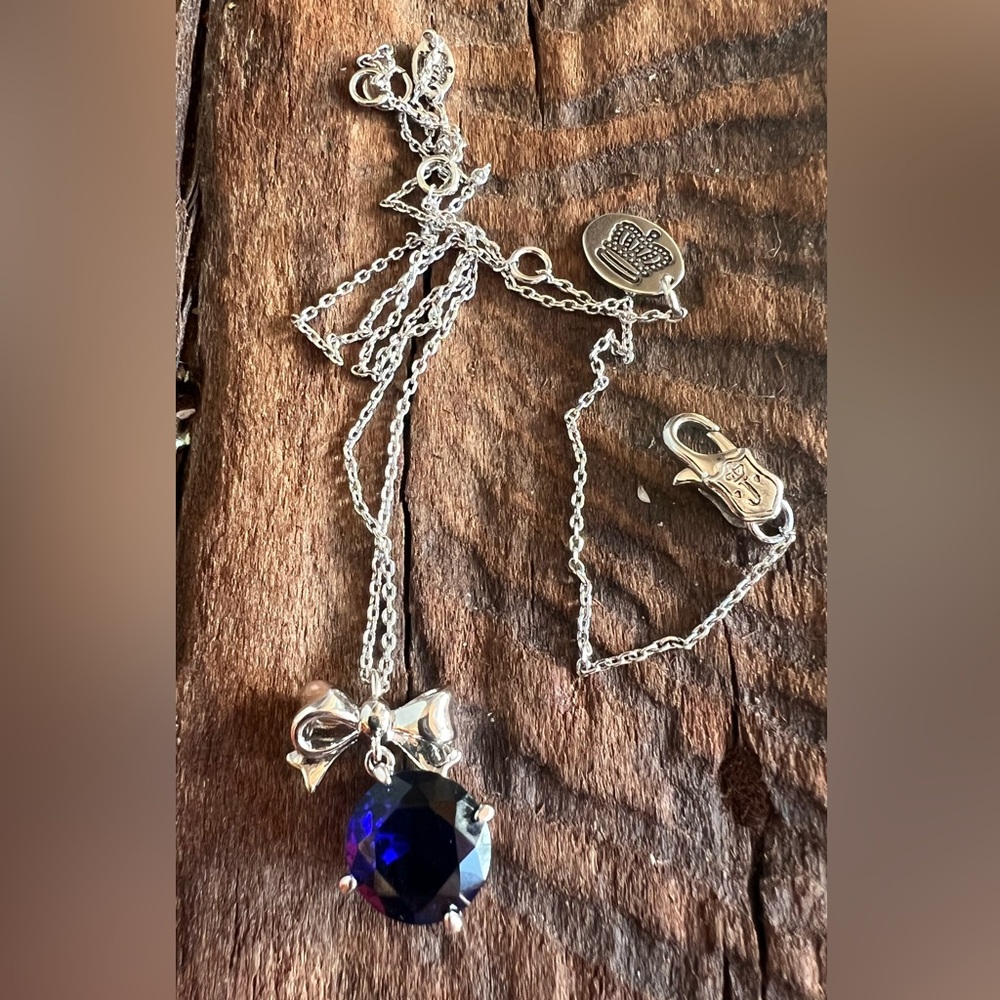 Y2K Vintage Juicy Couture Necklace Blue Crystal Rhodium Plated Chain Bow 16”-19”